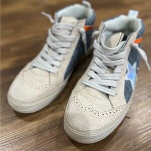 ShuShop Women's High-Top Sneakers - Beige and Gray with Orange Detail